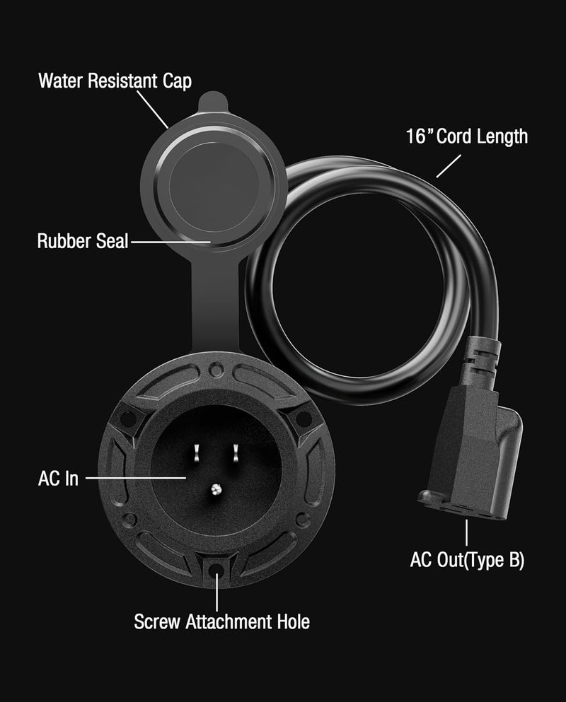 stio RV Shore Power Inlet Charger Plug,15A AC Port Plug 125V Power Inlet Socket Waterproof RV Electrical Outlet Receptacle Box with 16-Inch Integrated Outdoor Extension Cord for RV Power Inlet Trailer Plug - Image 2